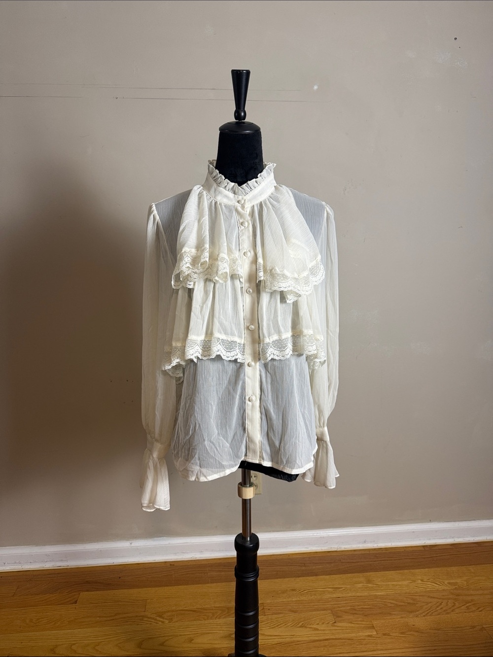 CIDER Ivory Ruffle Lace Faux Pearl Victorian Blouse Long Sleeve